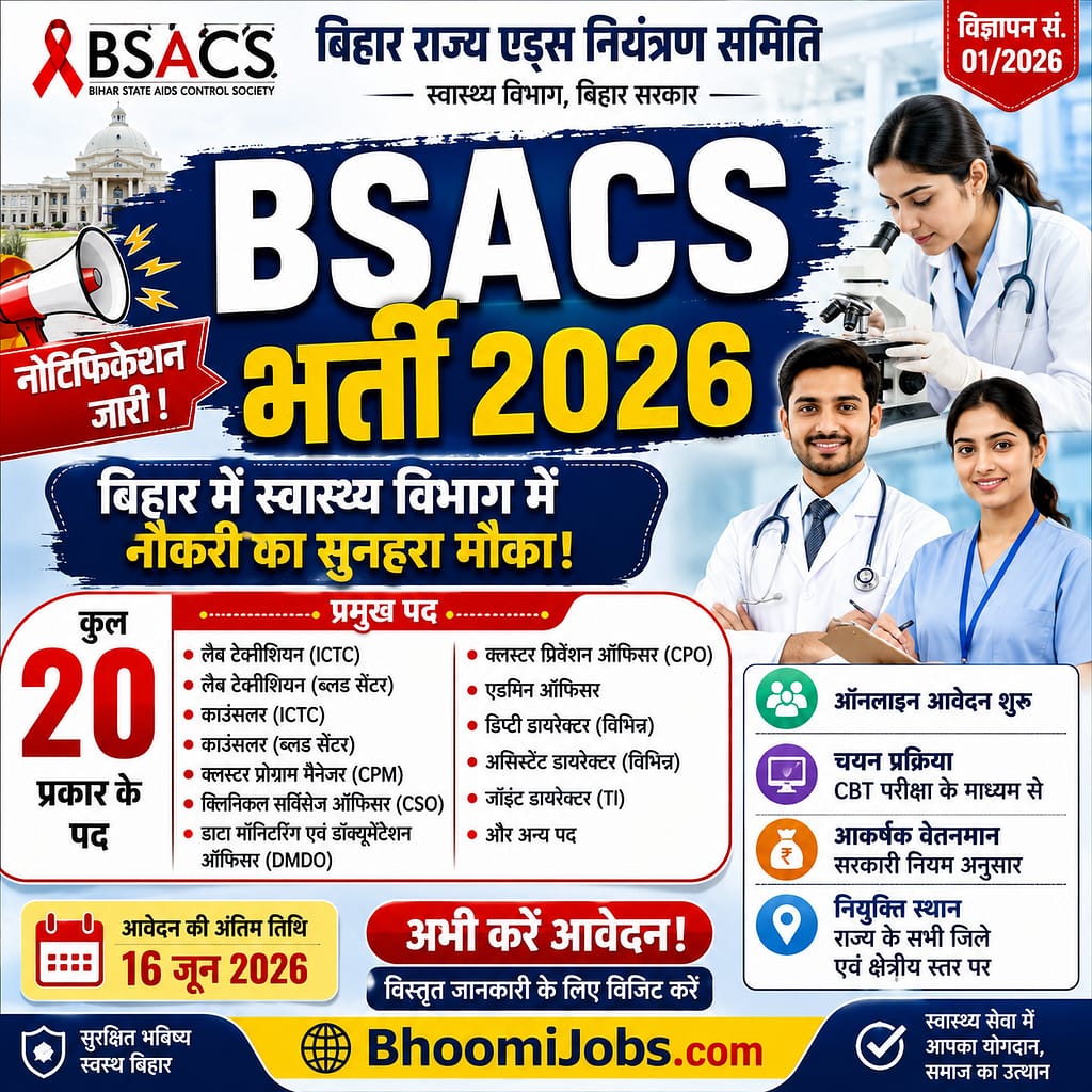 Bihar State AIDS Control Society BSACS Recruitment 2026: Post Wise Vacancy, Eligibility, Salary & Apply Online 1 BSACS Recruitment 2026 notification for Lab Technician, Counsellor, CPM, CSO, DMDO, Admin Officer and various posts in Bihar State AIDS Control Society.